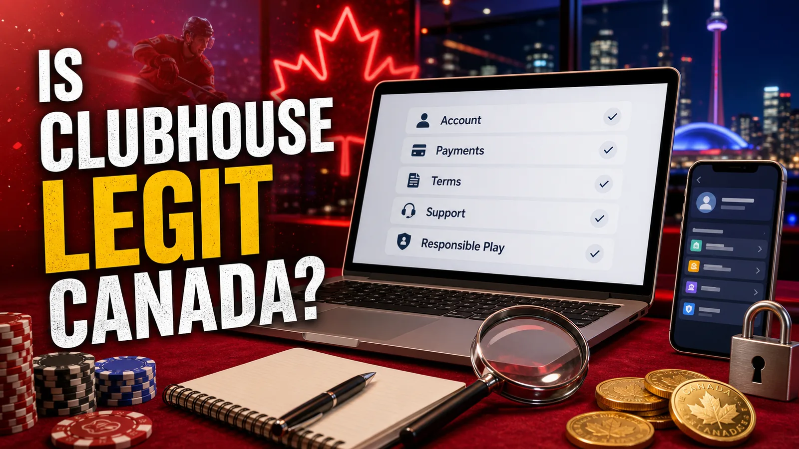 Shield and casino cards with Canada safety cue